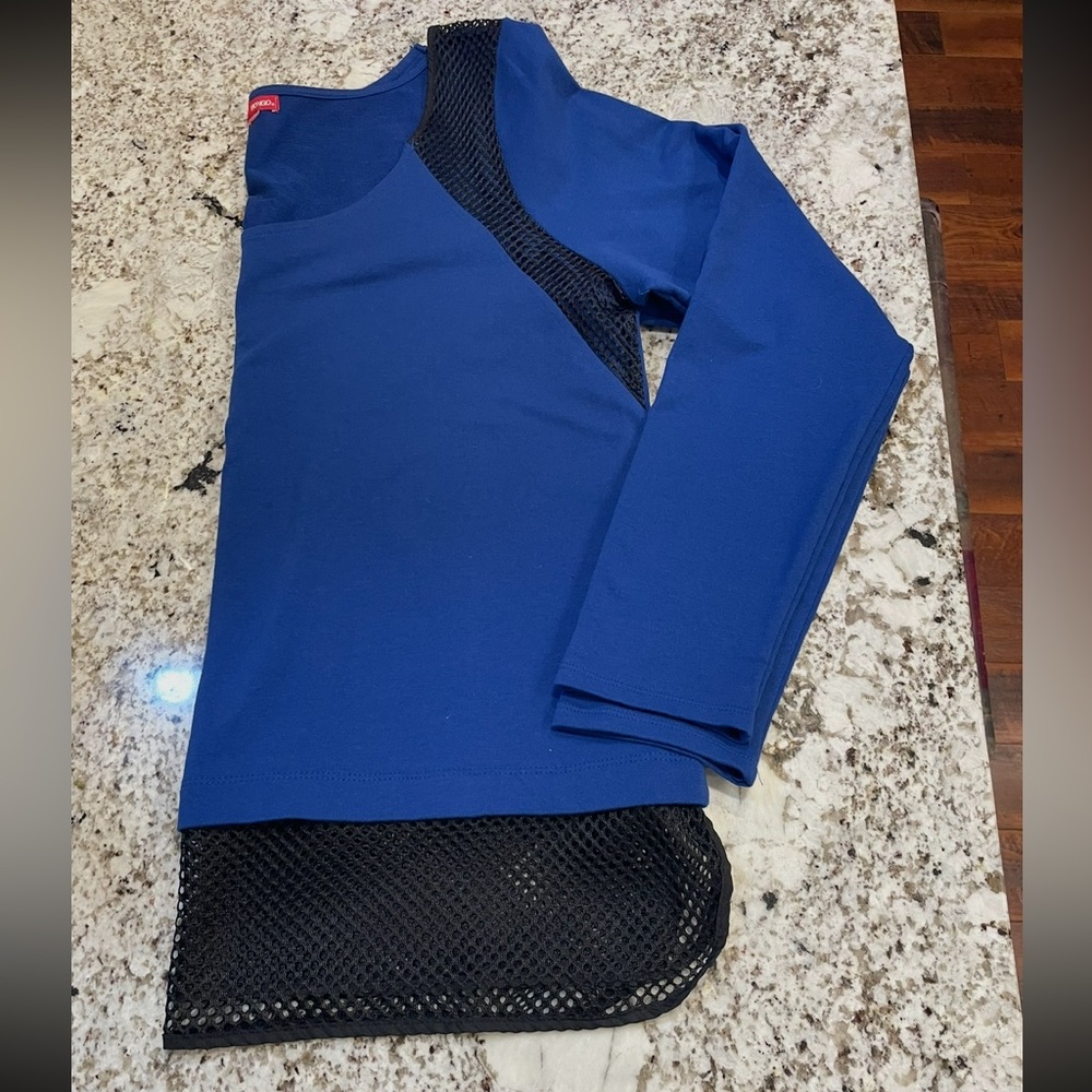 Blue Long Sleeve Top with Black Mesh Detail